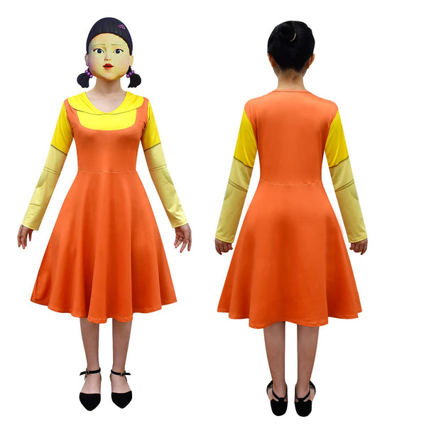 Justincity Girl Doll Costume, Red Light Green Light Game Costume Dress for Girls,Role Playing Orange Dress with Mask