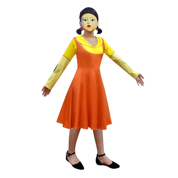 Justincity Girl Doll Costume, Red Light Green Light Game Costume Dress for Girls,Role Playing Orange Dress with Mask