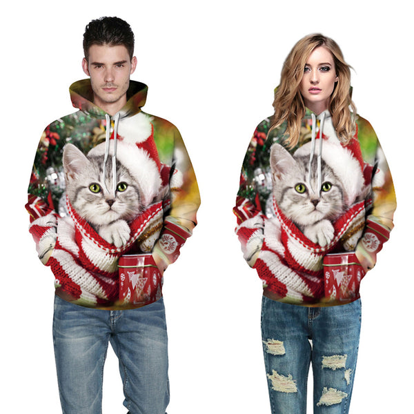 3D Print Hoodie - Cute Christmas Cat Pattern Pullover Hoodie  CSS040 - cosplaysos