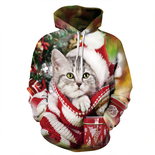 3D Print Hoodie - Cute Christmas Cat Pattern Pullover Hoodie  CSS040 - cosplaysos